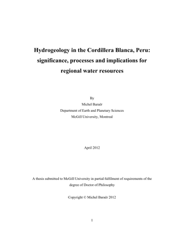 Hydrogeology in the Cordillera Blanca, Peru: Significance, Processes and Implications for Regional Water Resources