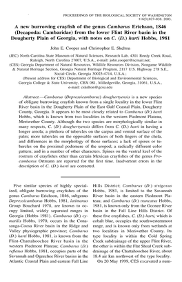 A New Burrowing Crayfish of the Genus Cambarus Erichson, 1846 (Decapoda: Cambaridae) from the Lower Flint River Basin in The