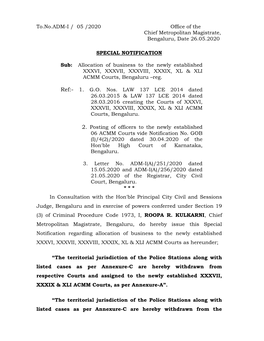 To.No.ADM-I / 05 /2020 Office of the Chief Metropolitan Magistrate, Bengaluru, Date 26.05.2020