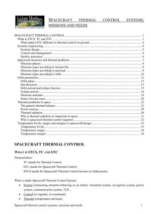 Spacecraft Thermal Control Systems, Missions and Needs