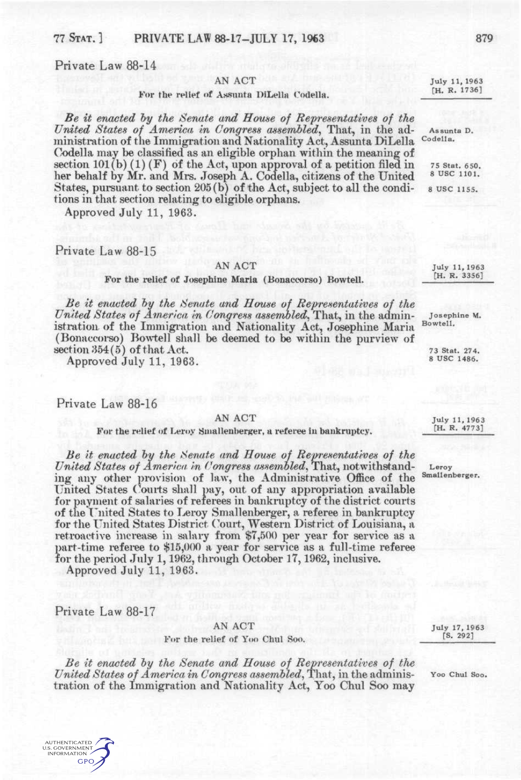 PRIVATE LAW 88-17-JULY 17, 1963 879 Private Law 88