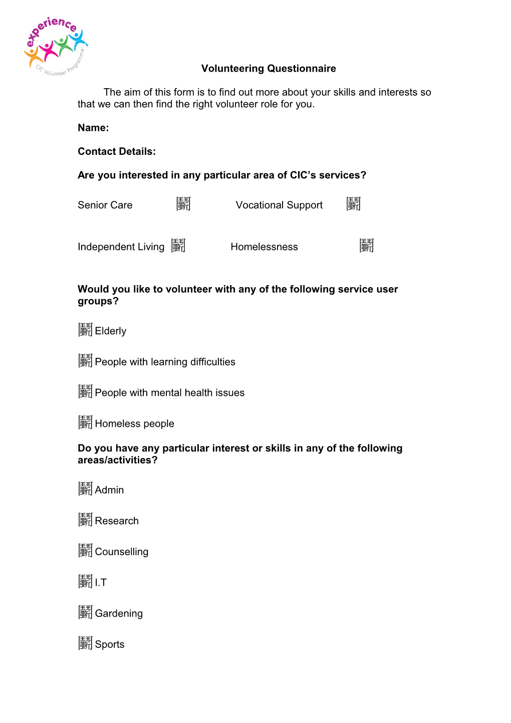 CIC Volunteer Skills and Interests Form