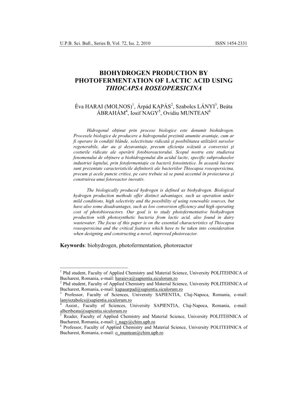 Biohydrogen Production by Photofermentation of Lactic Acid Using Thiocapsa Roseopersicina