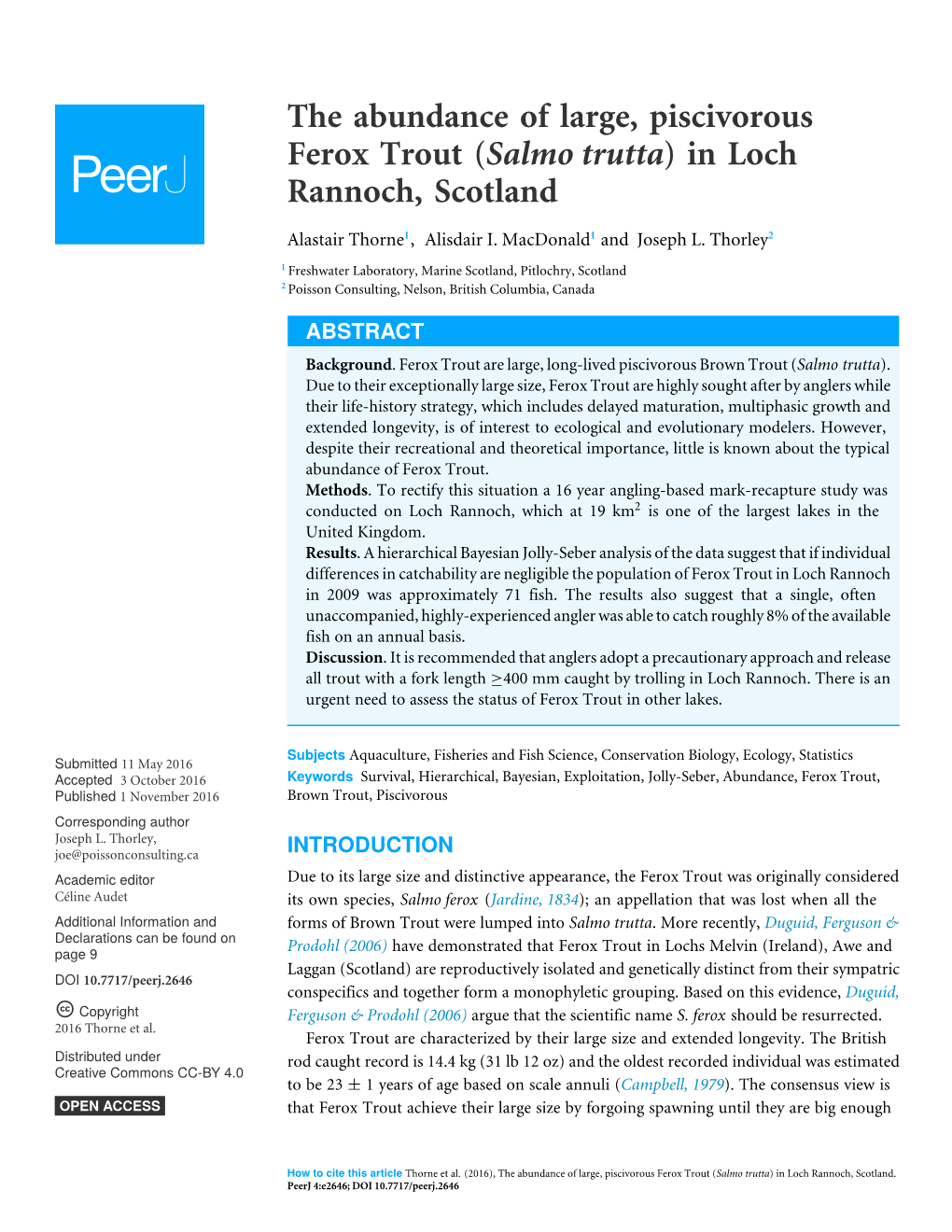 The Abundance of Large, Piscivorous Ferox Trout (Salmo Trutta) in Loch Rannoch, Scotland