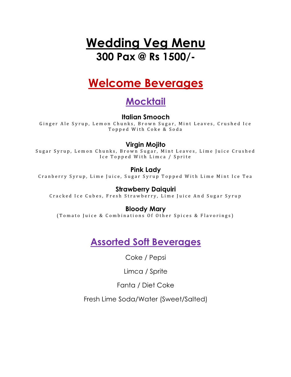 Wedding Veg Menu 300 Pax @ Rs 1500