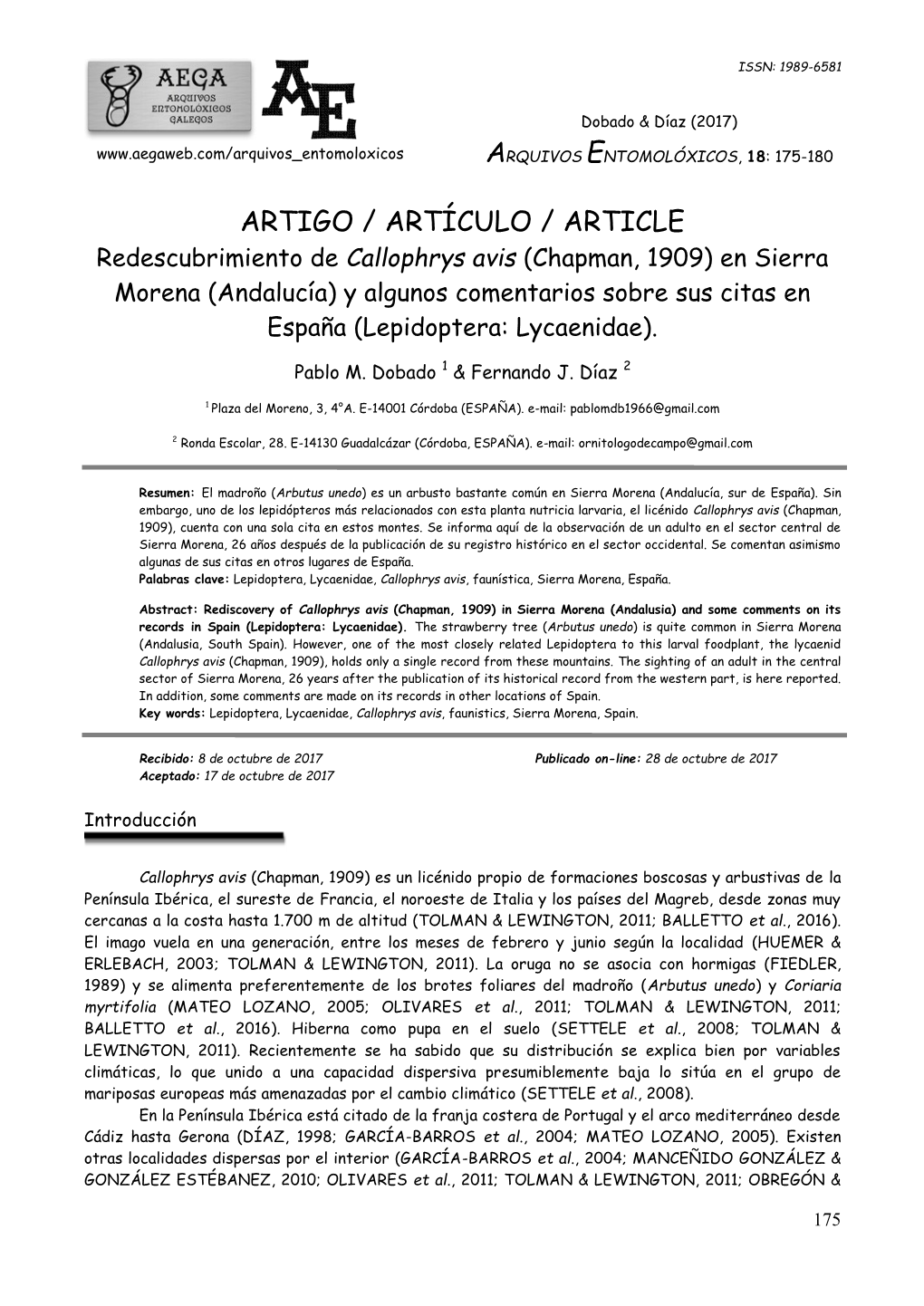 Callophrys Avis (Chapman, 1909) En Sierra Morena (Andalucía) Y Algunos Comentarios Sobre Sus Citas En