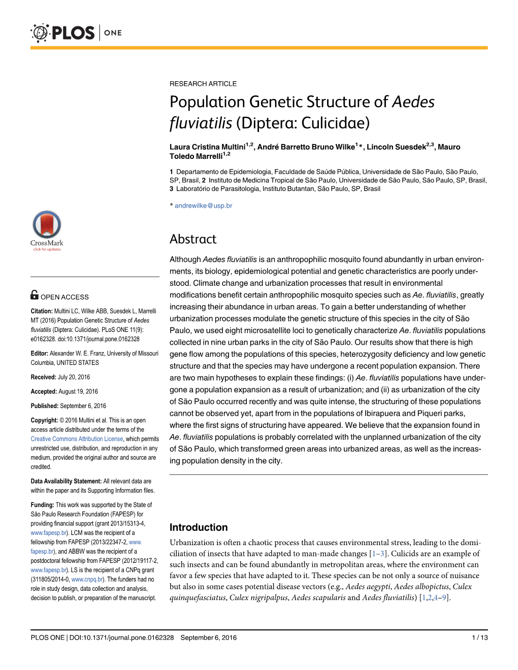 Population Genetic Structure of Aedes Fluviatilis (Diptera: Culicidae)