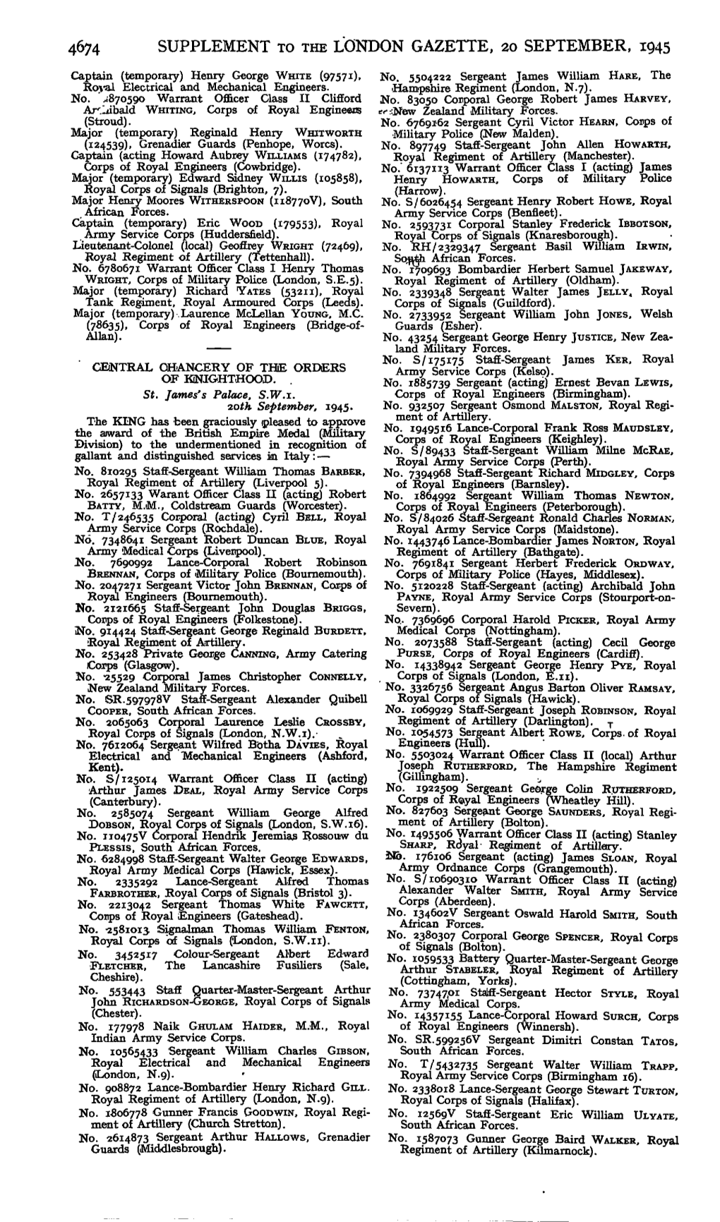 SUPPLEMENT to the LONDON GAZETTE, 20 SEPTEMBER, 1945 Captain (Temporary) Henry George WHITE (97571), No