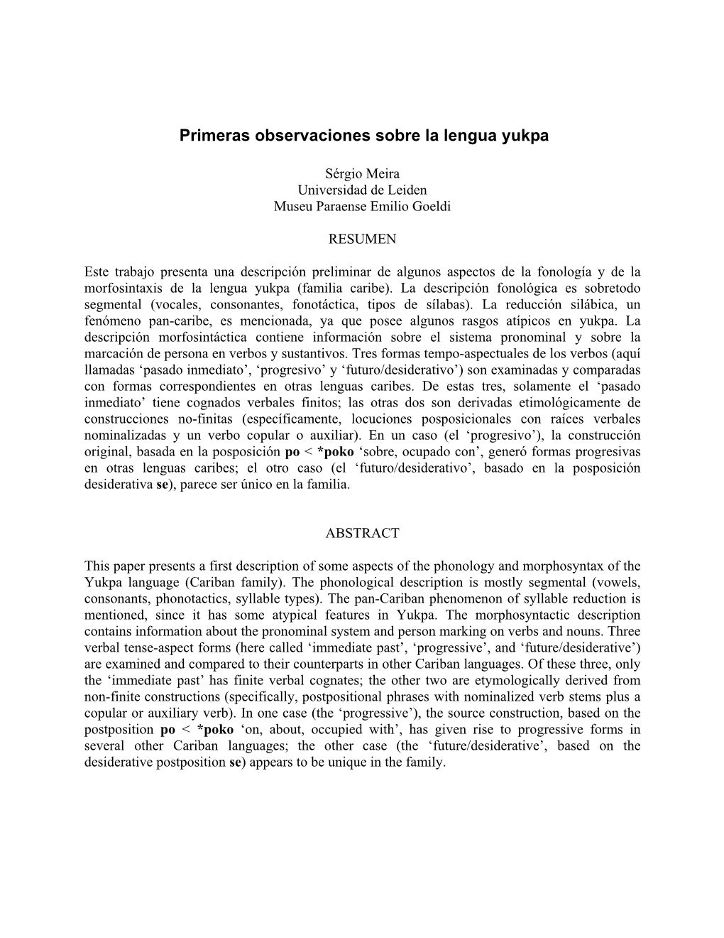 Primeras Observaciones Sobre La Lengua Yukpa