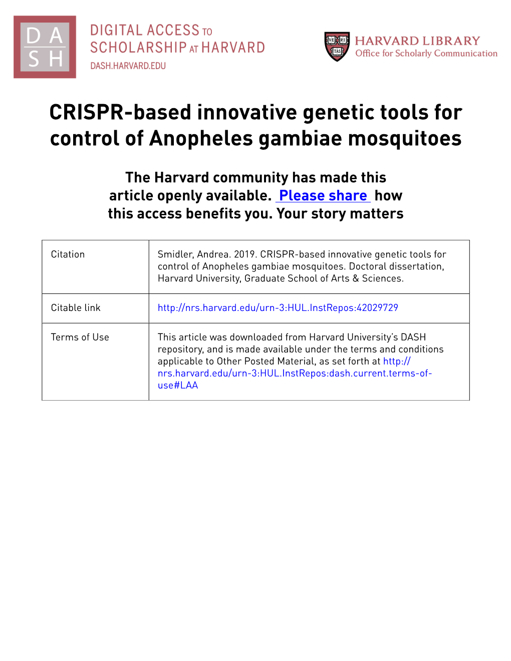 CRISPR-Based Innovative Genetic Tools for Control of Anopheles Gambiae Mosquitoes