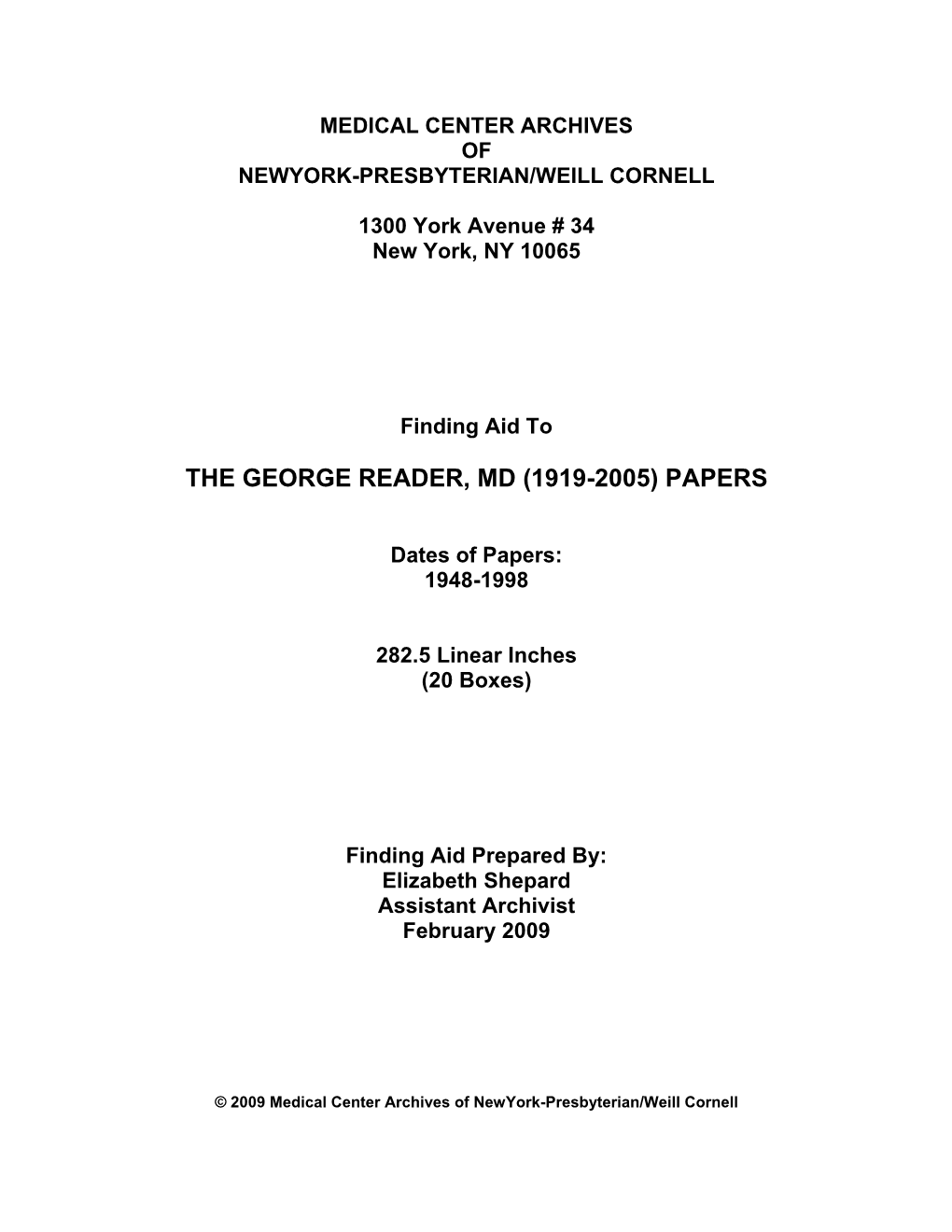 The George Reader, Md (1919-2005) Papers