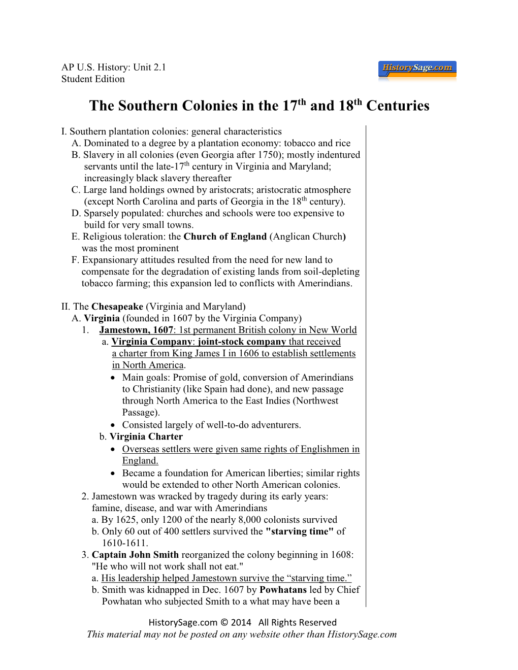 The Southern Colonies in the 17Th and 18Th Centuries