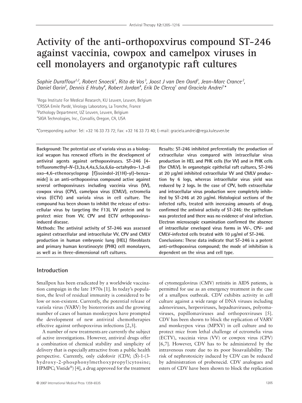 Activity of the Anti-Orthopoxvirus Compound ST-246 Against Vaccinia, Cowpox and Camelpox Viruses in Cell Monolayers and Organotypic Raft Cultures