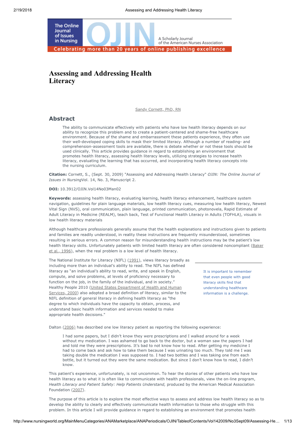 Assessing and Addressing Health Literacy