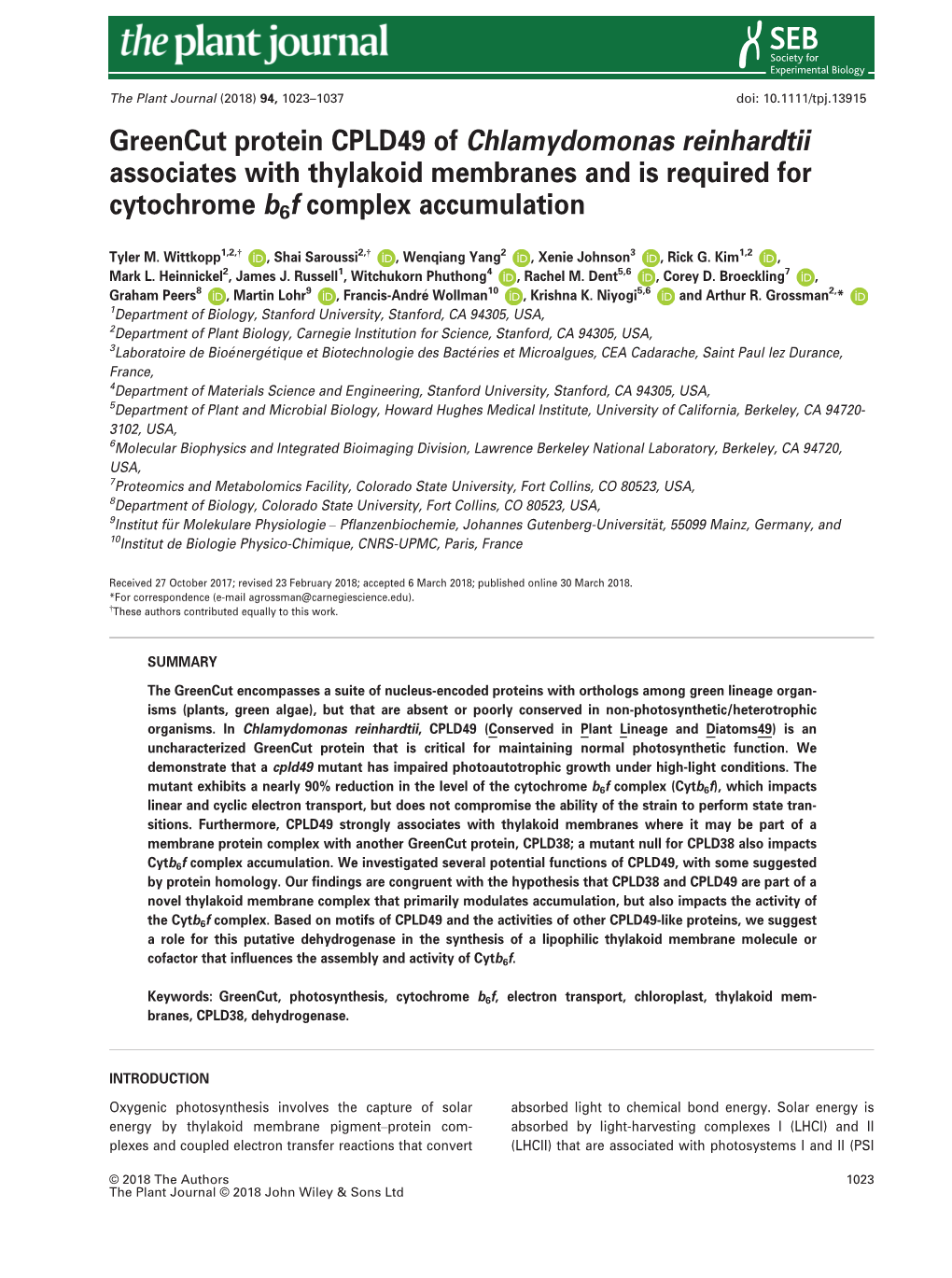 Greencut Protein CPLD49 of Chlamydomonas Reinhardtii Associates with Thylakoid Membranes and Is Required for Cytochrome B6f Complex Accumulation