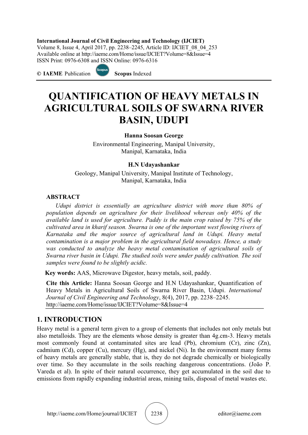 Quantification of Heavy Metals in Agricultural Soils of Swarna River Basin, Udupi