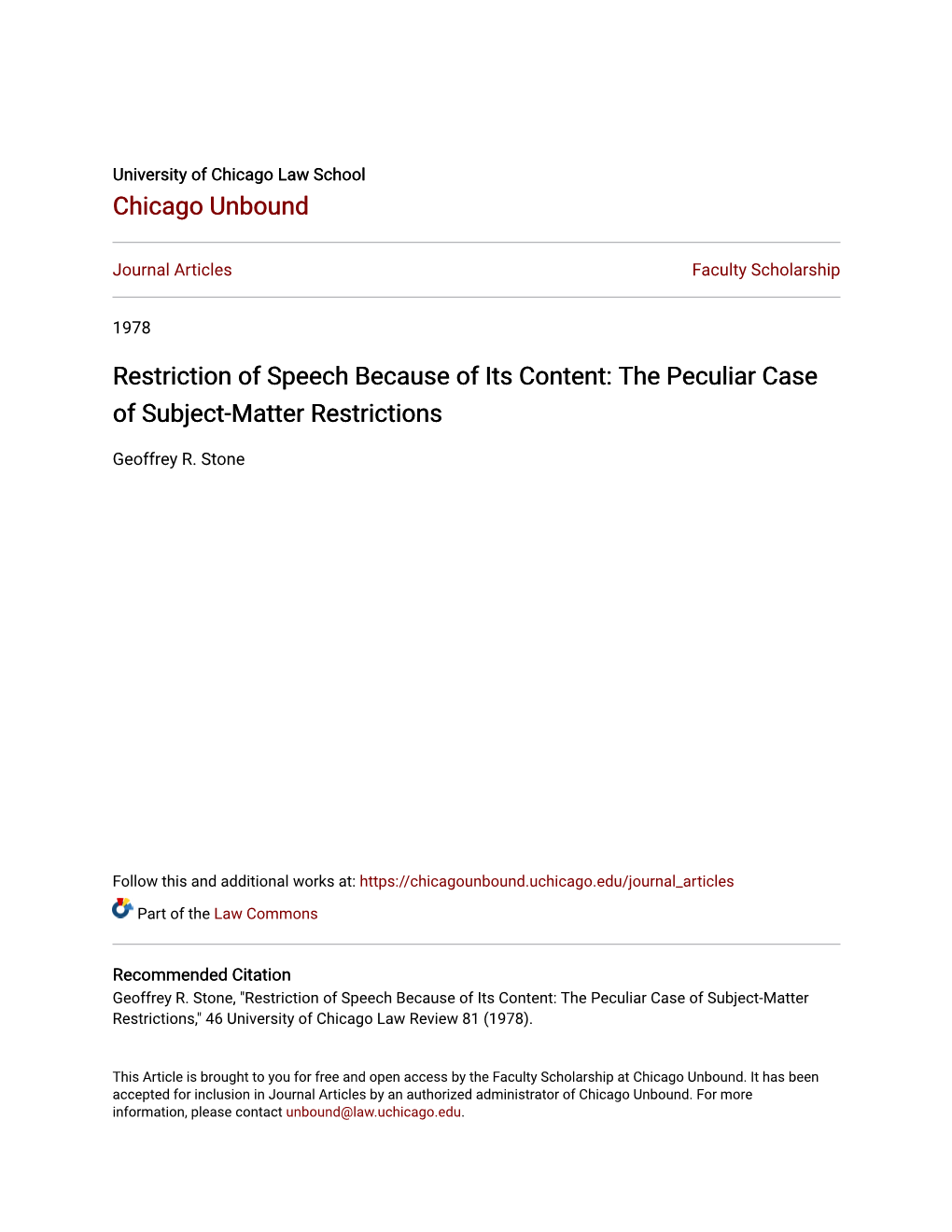 Restriction of Speech Because of Its Content: the Peculiar Case of Subject-Matter Restrictions