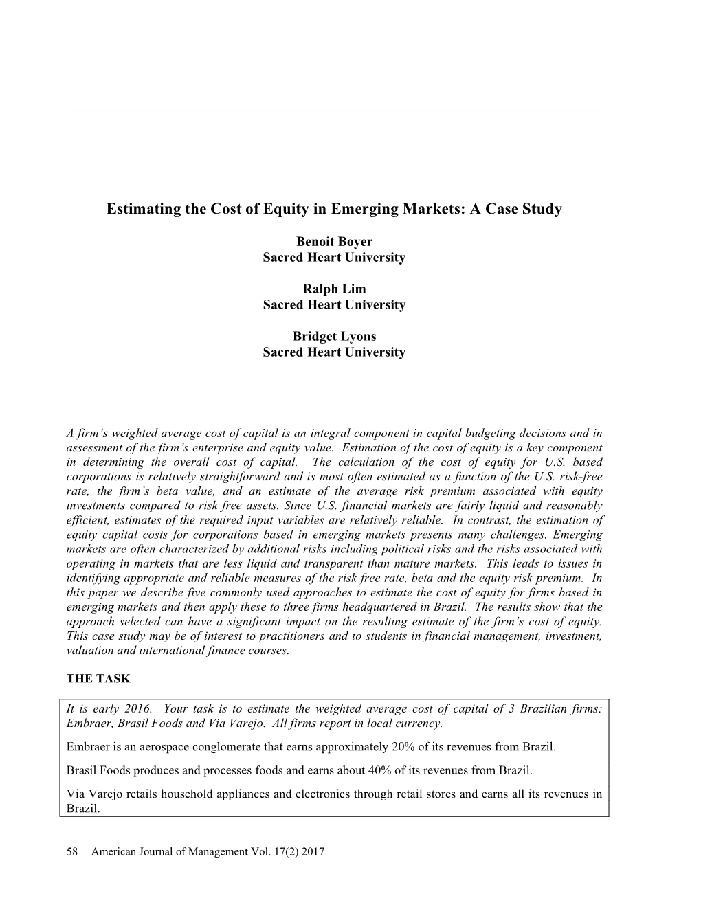 Estimating the Cost of Equity in Emerging Markets: a Case Study