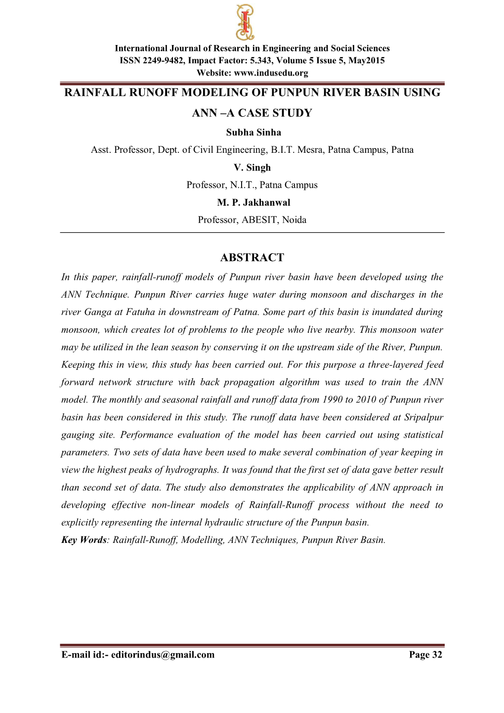 RAINFALL RUNOFF MODELING of PUNPUN RIVER BASIN USING ANN –A CASE STUDY Subha Sinha Asst
