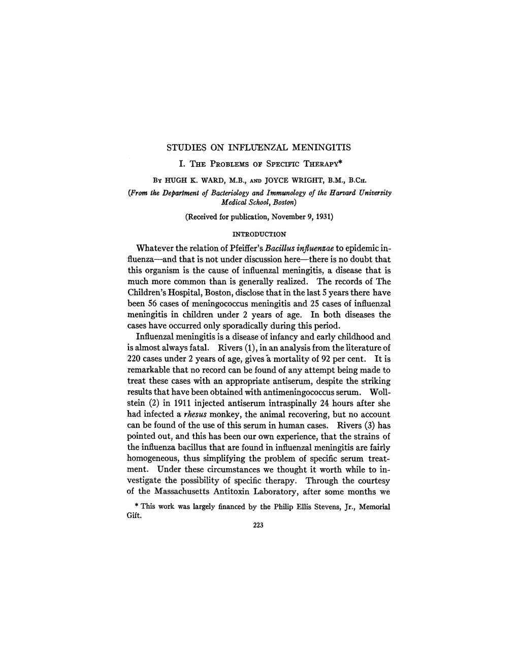 Studies on Influenzal Meningitis