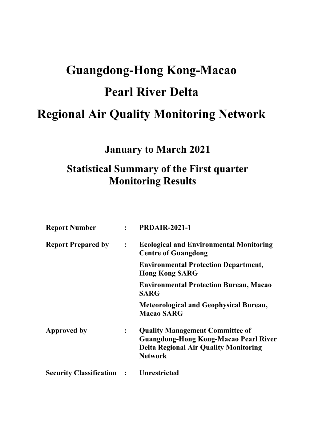 PRD Regional Air Quality Monitoring Network 2020 First Quarter