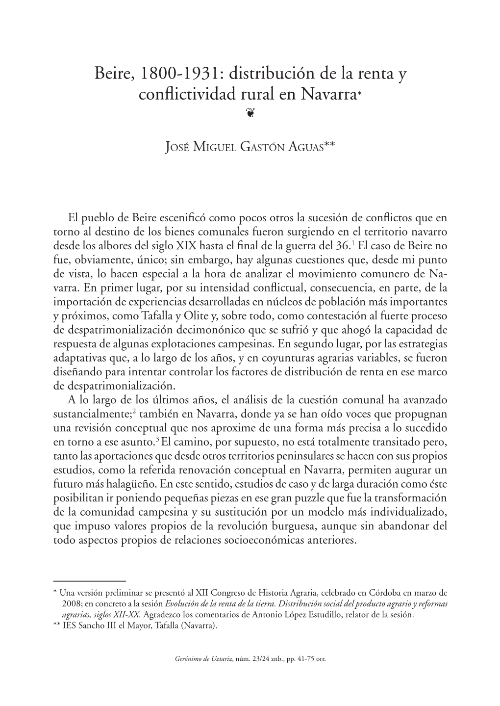 Beire, 1800-1931: Distribución De La Renta Y Conflictividad Rural En Navarra* ❦