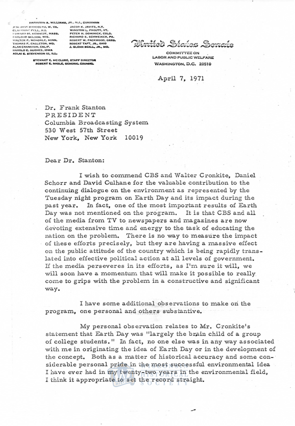 Letter to Frank Stanton, CBS News, from Gaylord Nelson Re: True Origins