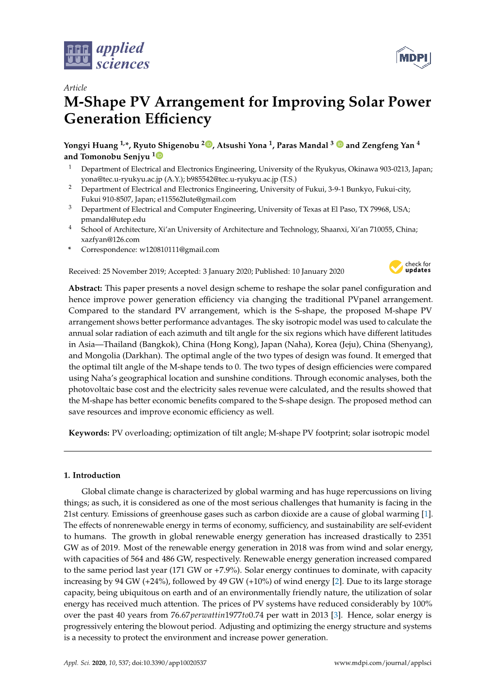 M-Shape PV Arrangement for Improving Solar Power Generation Efﬁciency