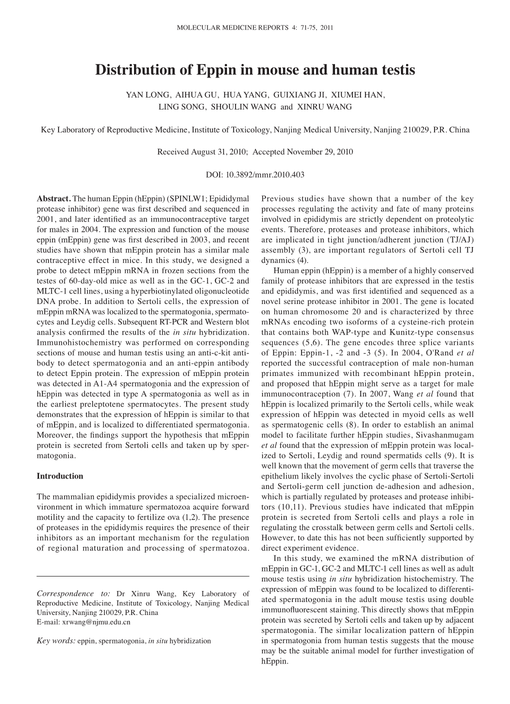 Distribution of Eppin in Mouse and Human Testis