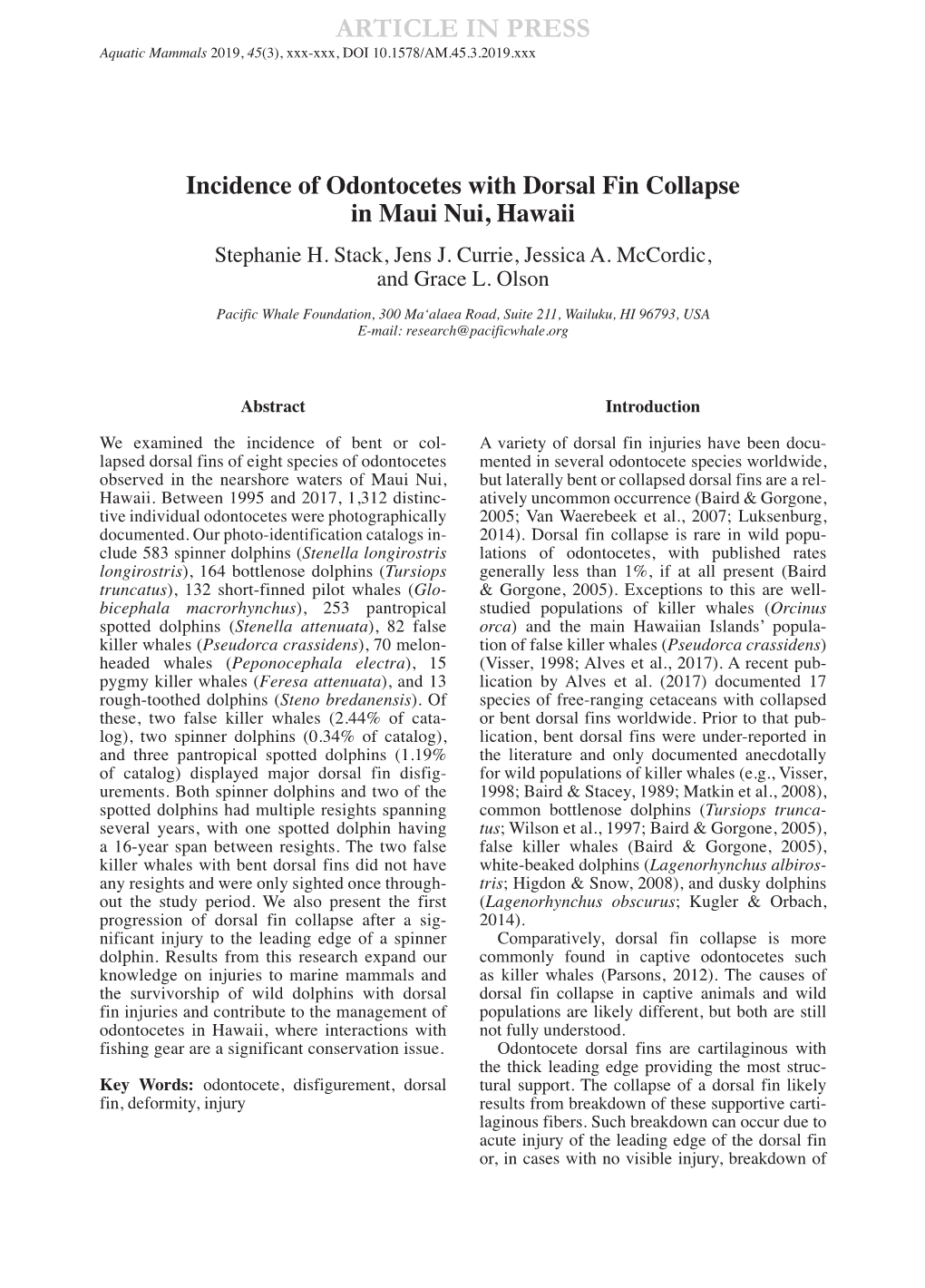 ARTICLE in PRESS Aquatic Mammals 2019, 45(3), Xxx-Xxx, DOI 10.1578/AM.45.3.2019.Xxx