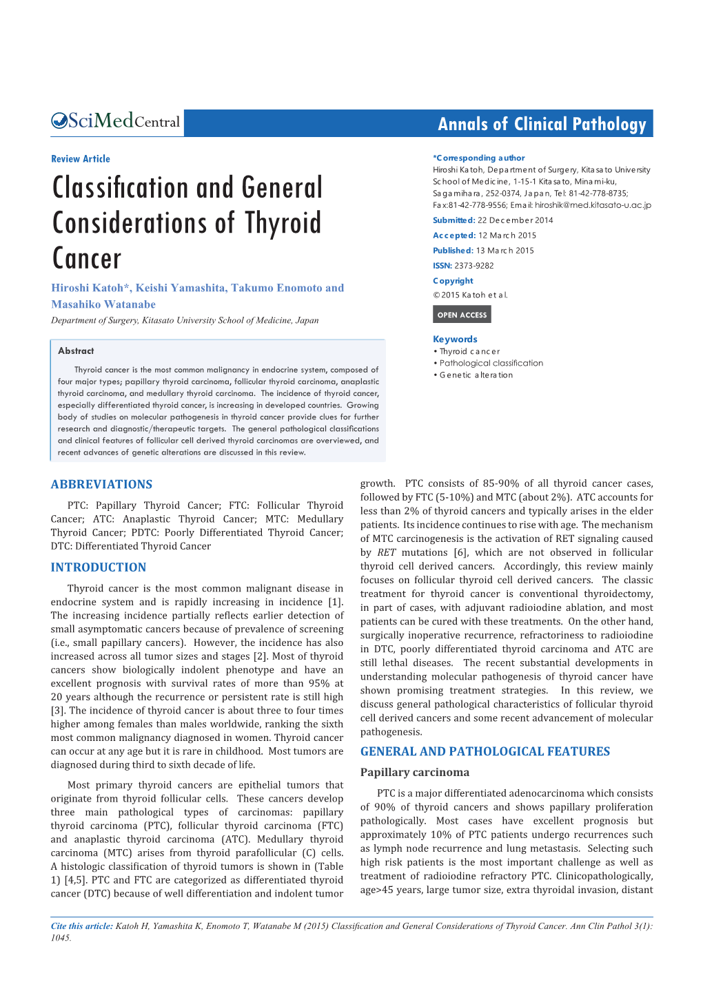 Classification and General Considerations of Thyroid Cancer