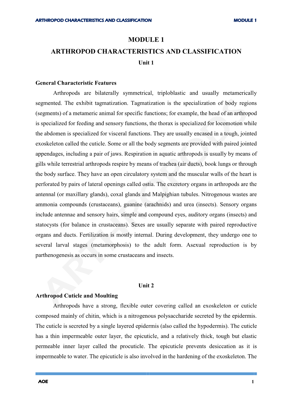 MODULE 1 ARTHROPOD CHARACTERISTICS and CLASSIFICATION Unit 1