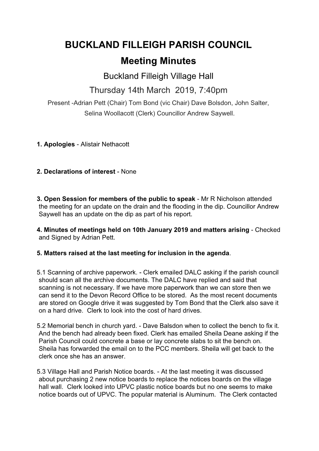 BUCKLAND FILLEIGH PARISH COUNCIL Meeting Minutes