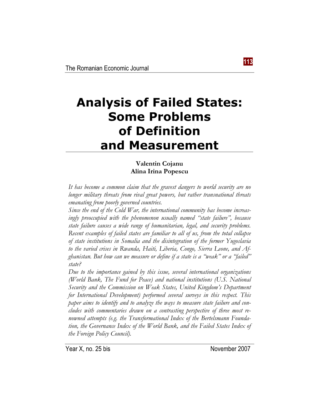 Analysis of Failed States: Some Problems of Definition and Measurement