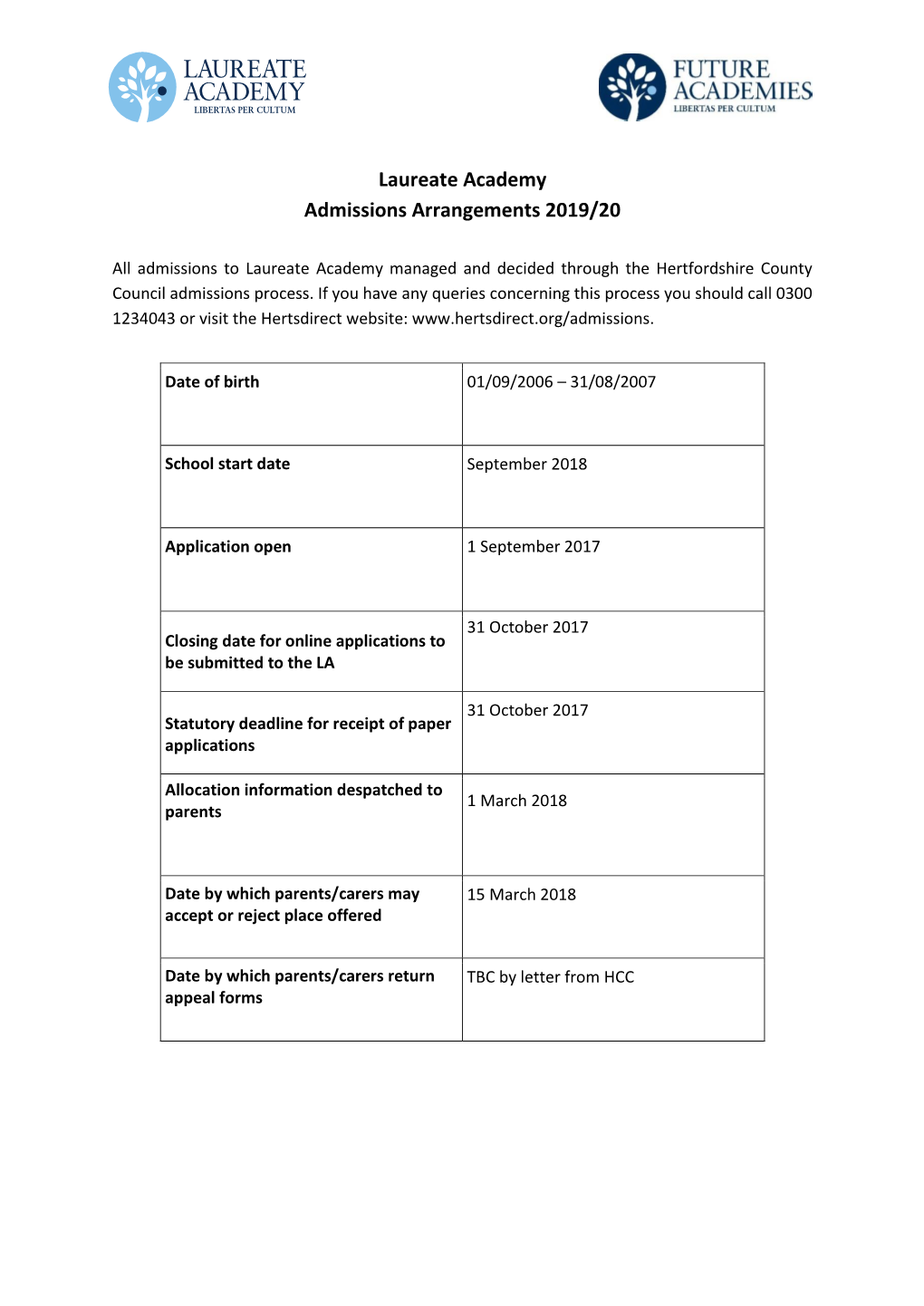 Laureate Academy Admissions Arrangements 2019/20