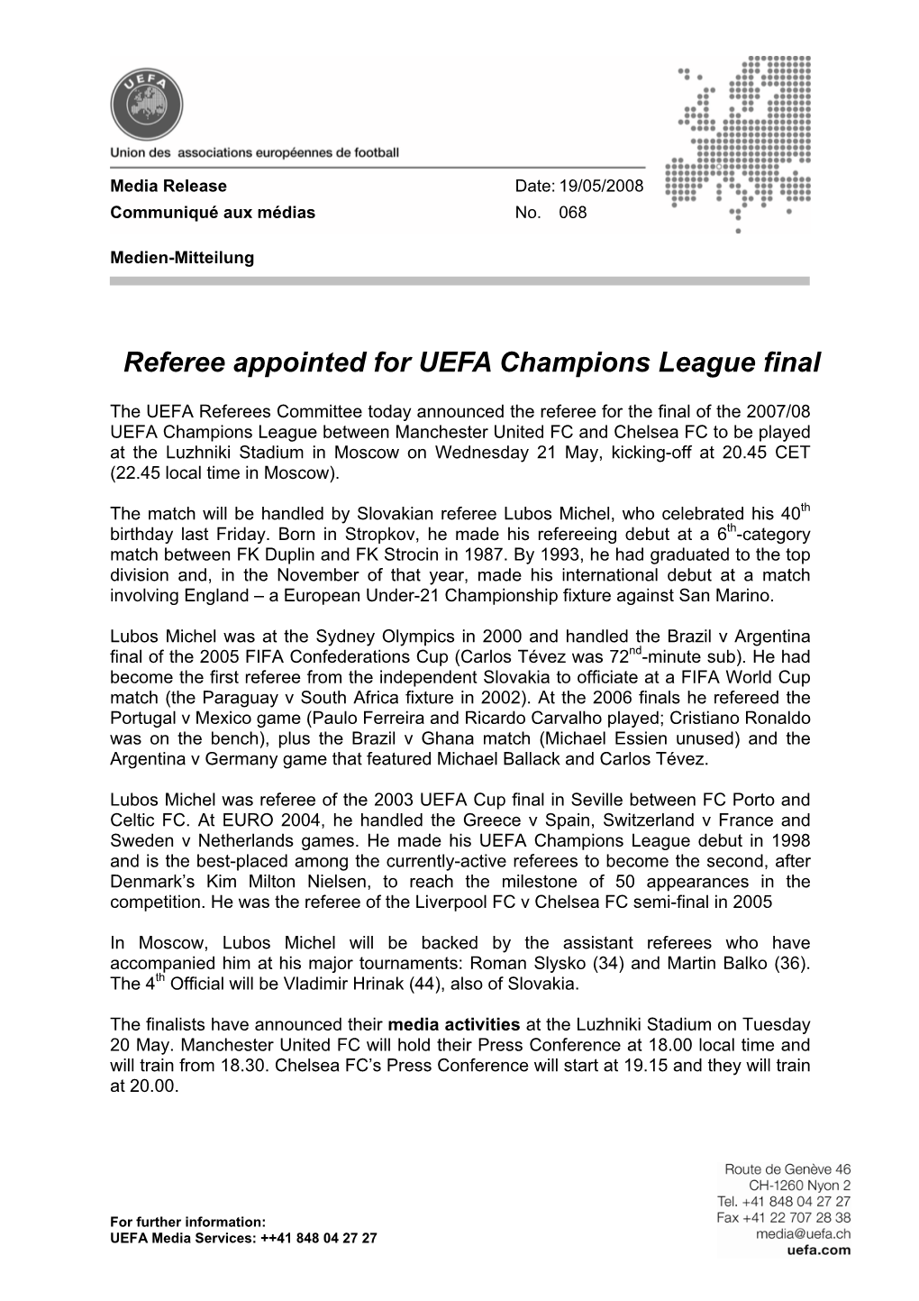 068: Referee Appointed for UEFA Champions League Final