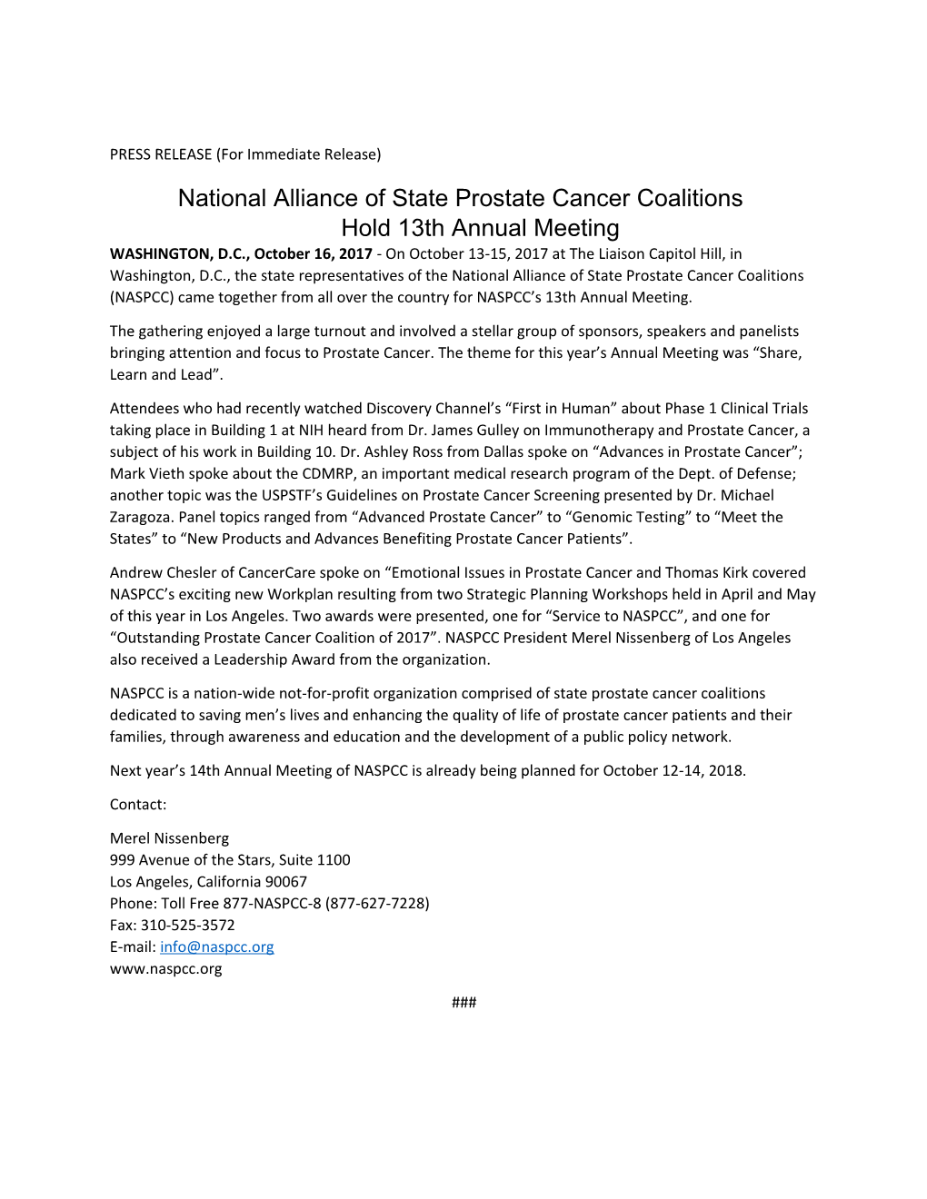 National Alliance of State Prostate Cancer Coalitions Hold 13Th Annual Meeting