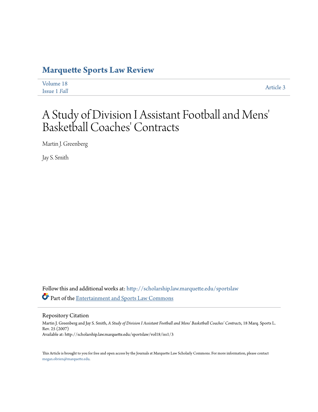 A Study of Division I Assistant Football and Mens' Basketball Coaches' Contracts Martin J