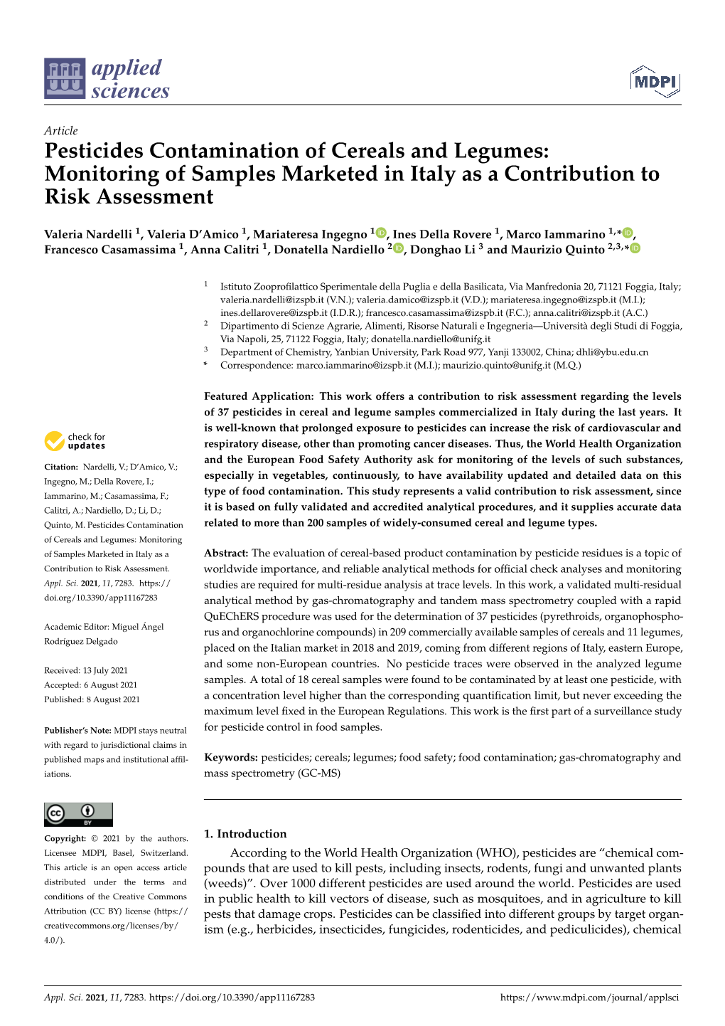 Pesticides Contamination of Cereals and Legumes: Monitoring of Samples Marketed in Italy As a Contribution to Risk Assessment