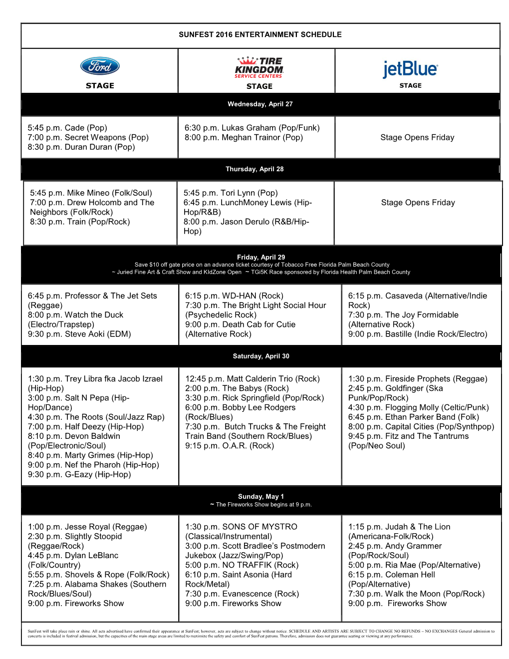 Sunfest 2006 Entertainment Schedule