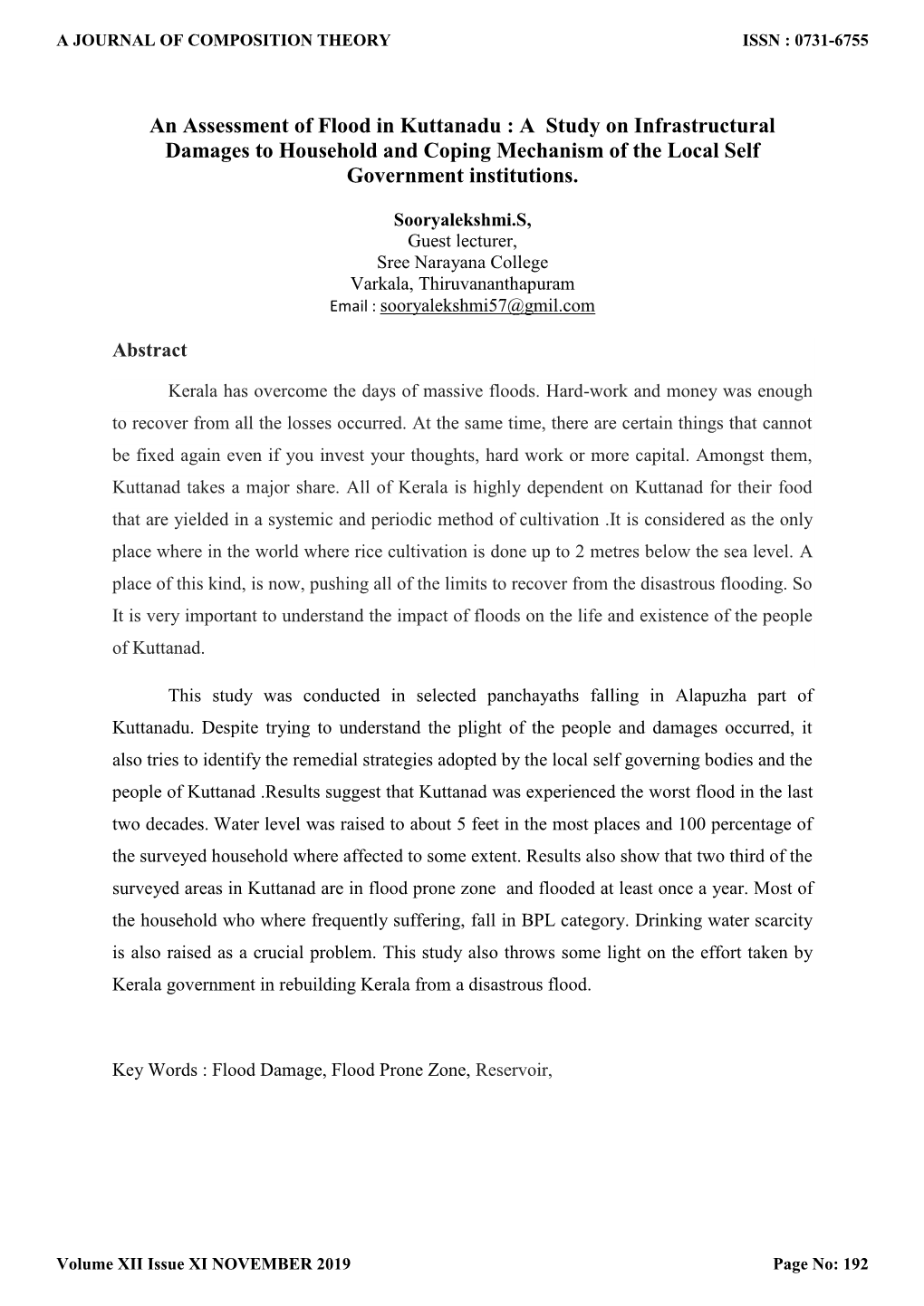 An Assessment of Flood in Kuttanadu : a Study on Infrastructural Damages to Household and Coping Mechanism of the Local Self Government Institutions