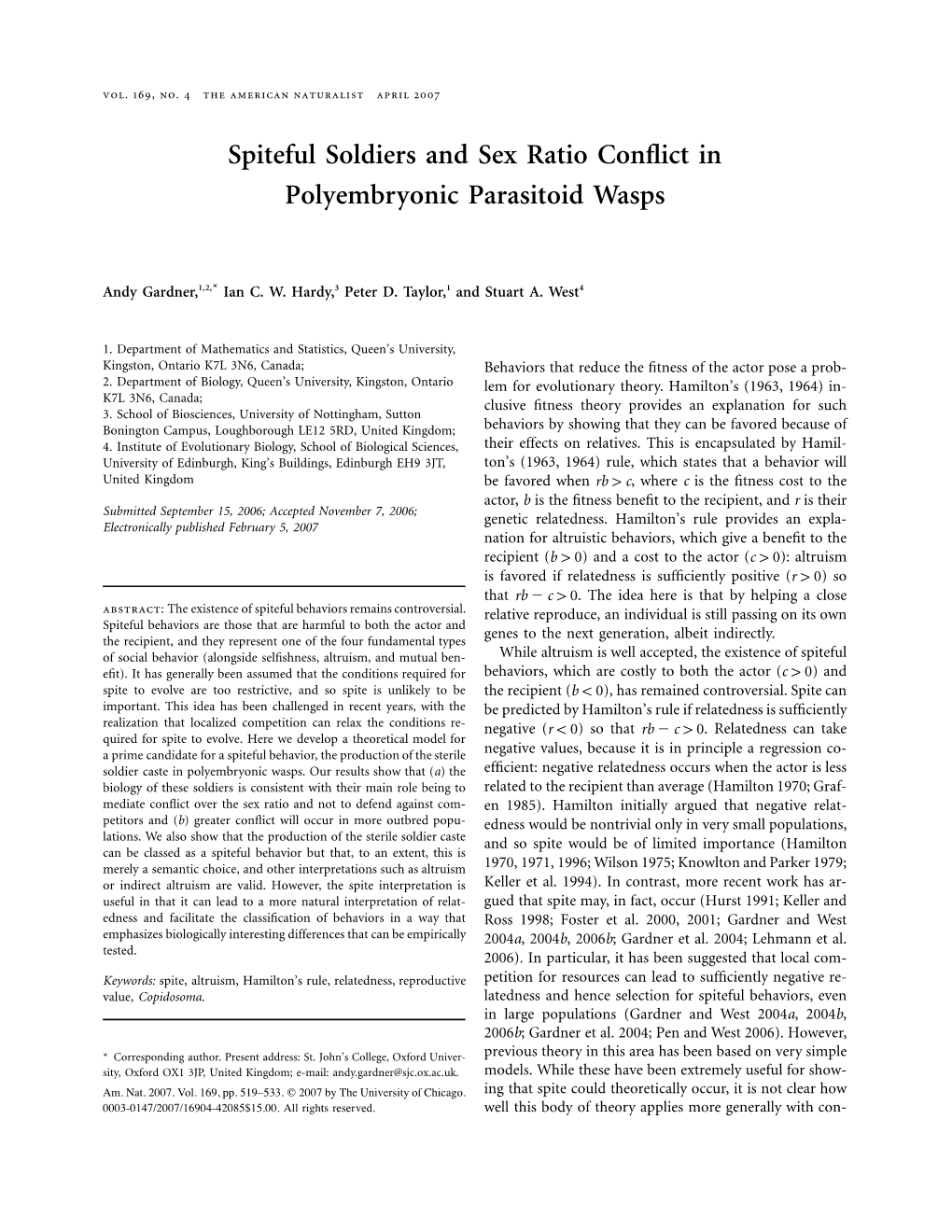 Spiteful Soldiers and Sex Ratio Conflict in Polyembryonic