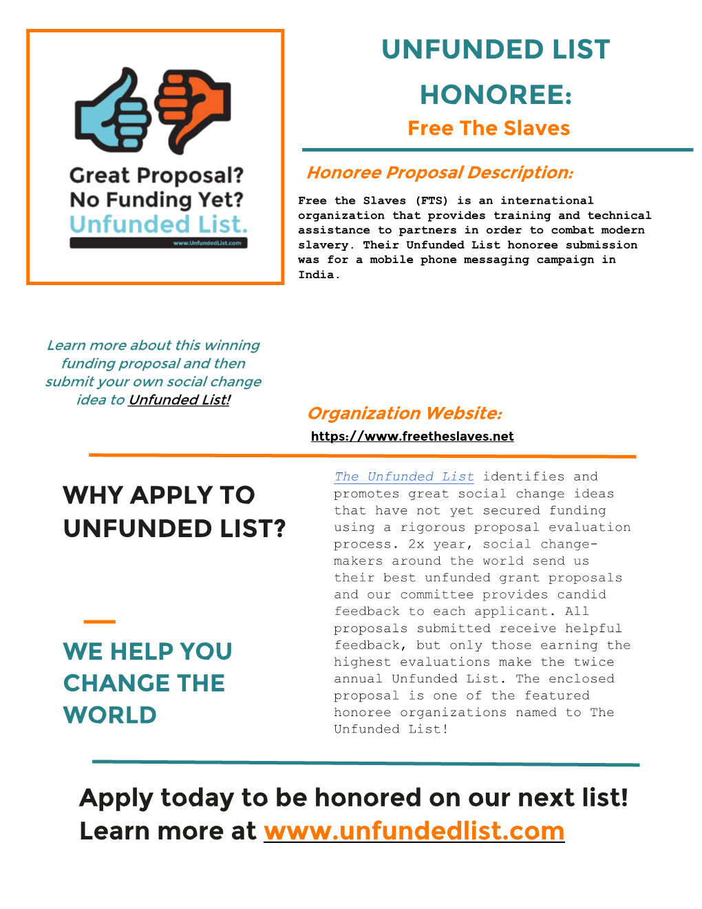 Unfunded List 2016 Honoree Proposal Free the Slaves