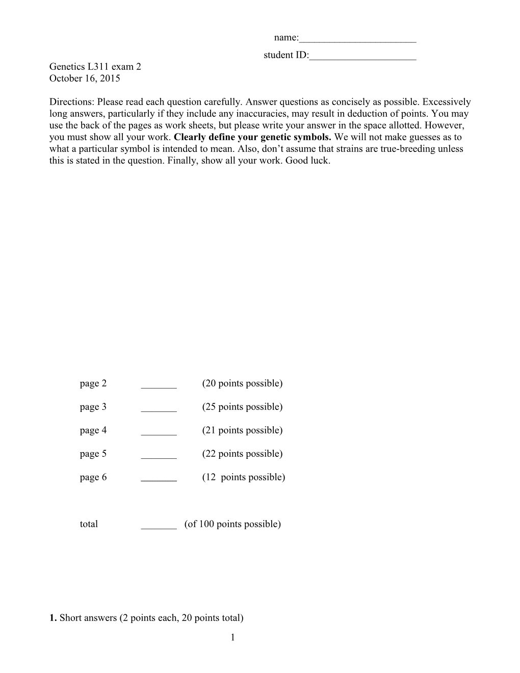 Genetics L311 Exam 2 s2