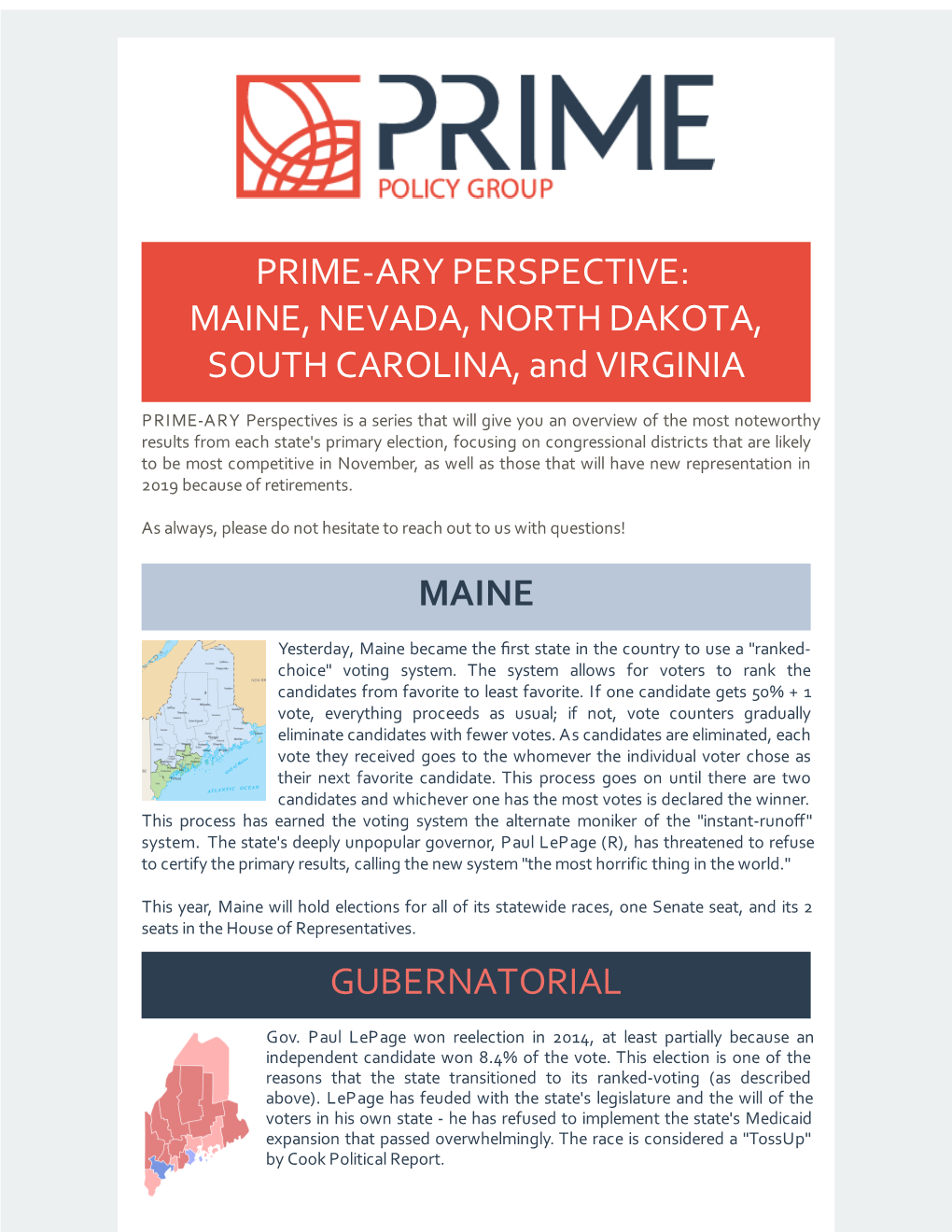 PRIME-ARY PERSPECTIVE: MAINE, NEVADA, NORTH DAKOTA, SOUTH CAROLINA, and VIRGINIA