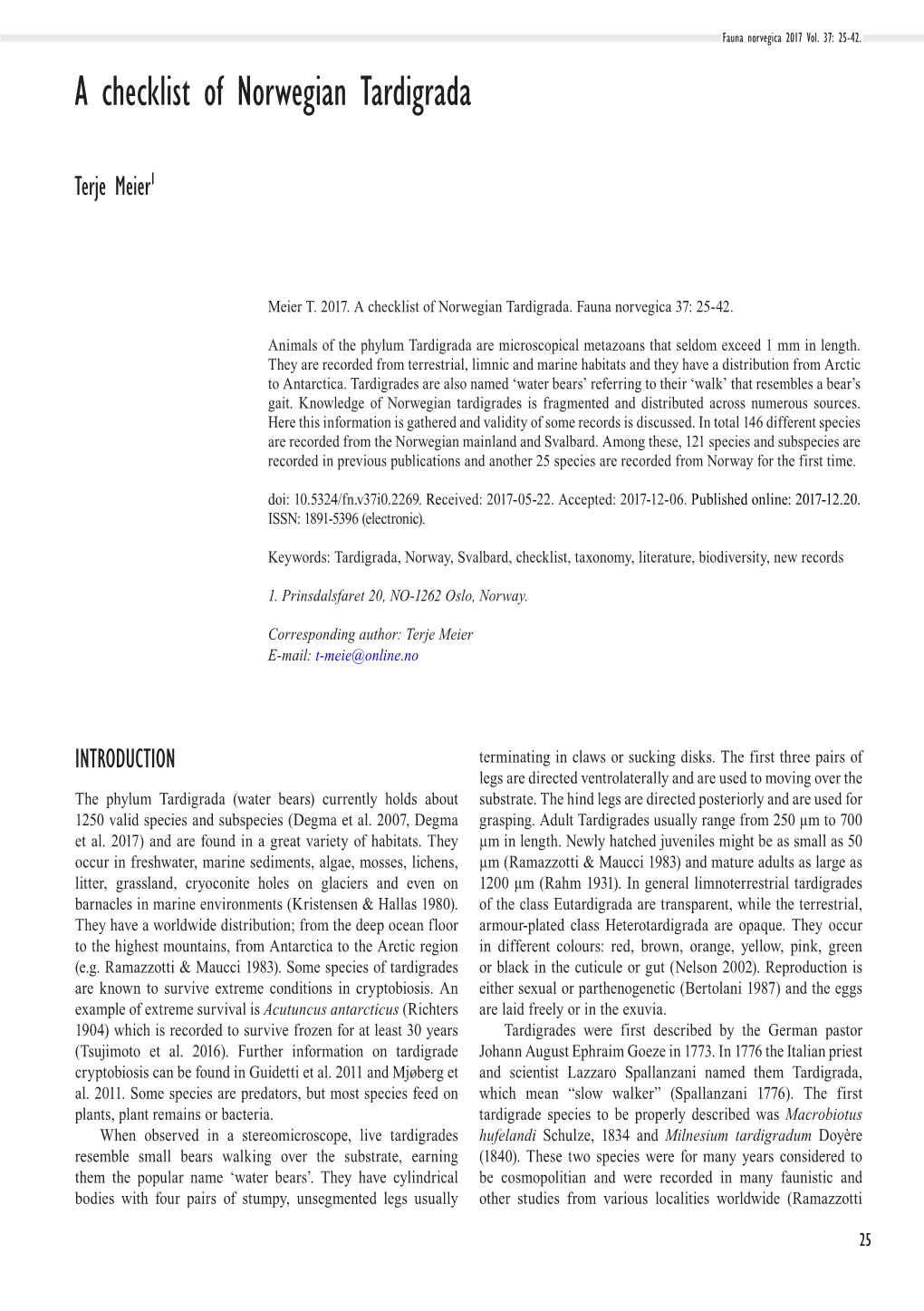 A Checklist of Norwegian Tardigrada