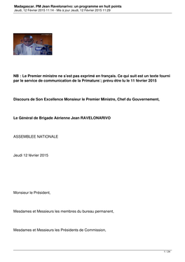Madagascar. PM Jean Ravelonarivo: Un Programme En Huit Points Jeudi, 12 Février 2015 11:14 - Mis À Jour Jeudi, 12 Février 2015 11:29