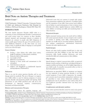 Brief Note on Autism Therapies and Treatment Andrew Cooper * Behavioural Issues That Are Common in People with Autism