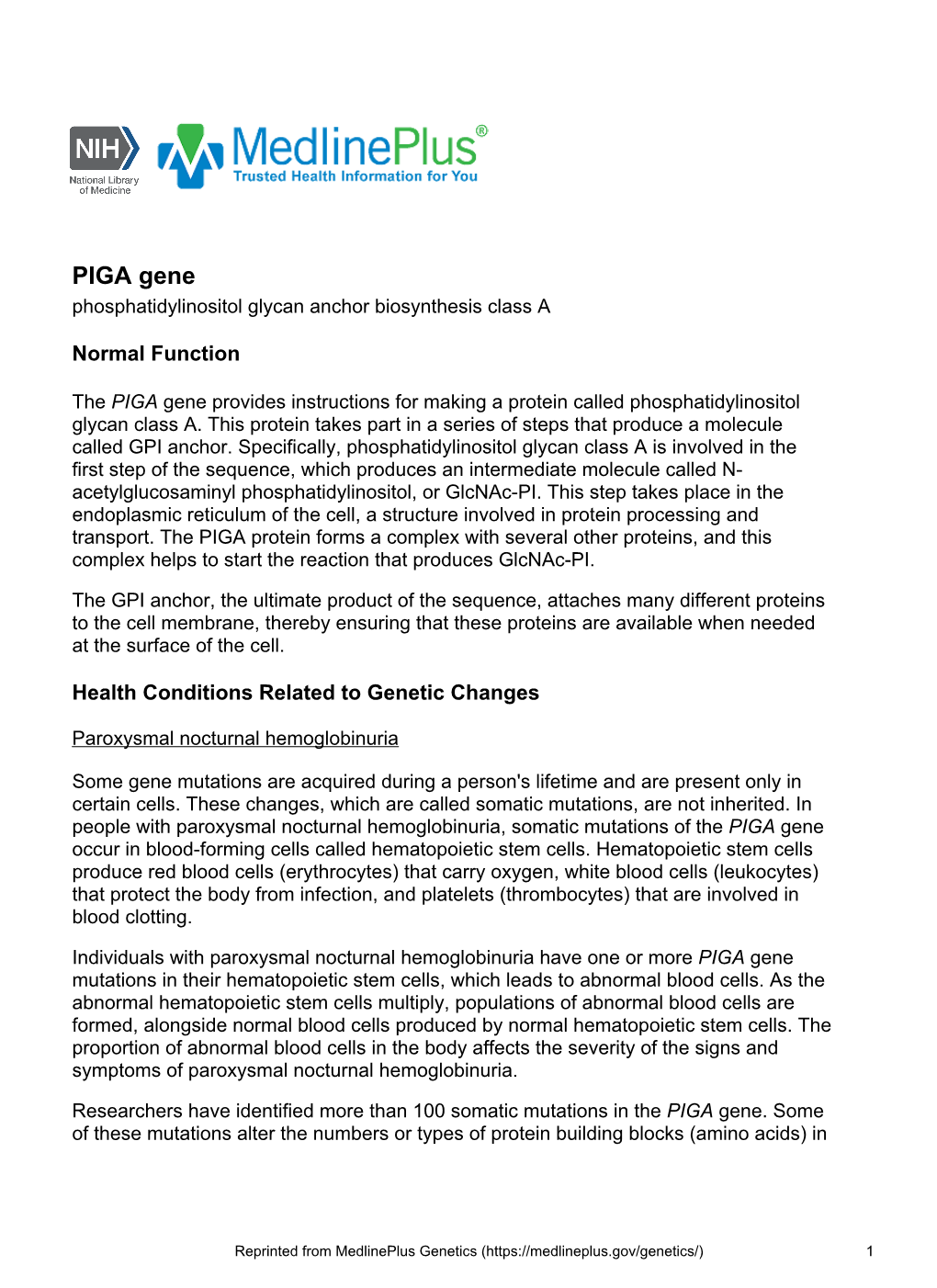 PIGA Gene Phosphatidylinositol Glycan Anchor Biosynthesis Class A