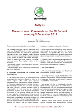 The Euro Area: Comments on the EU Summit Meeting 9 December 2011